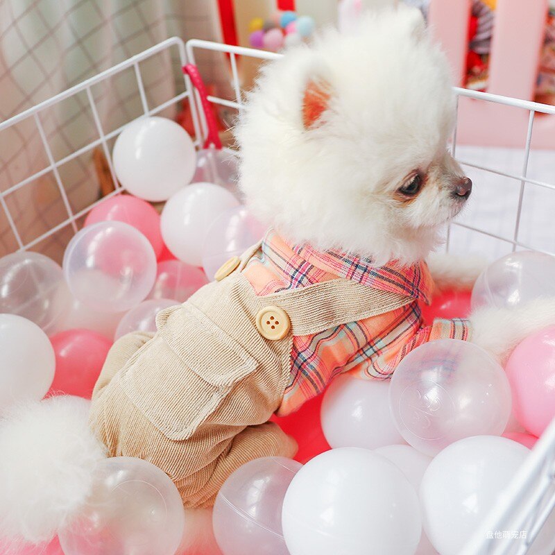 Spring Summer Dog Clothes four-legged Pink Lattice Suspenders Pet TeddyClothes Casual Button Suit XS S M L XL