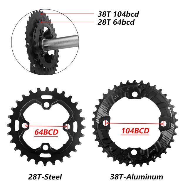 Prowheel 104/64BCD Mtb Fiets Tandwielen Dubbel Kettingwiel 26T 28T 36T 38T 10/11 Speed Kettingblad fiets Crankstel Tandplaat Onderdelen: 28T and 38T