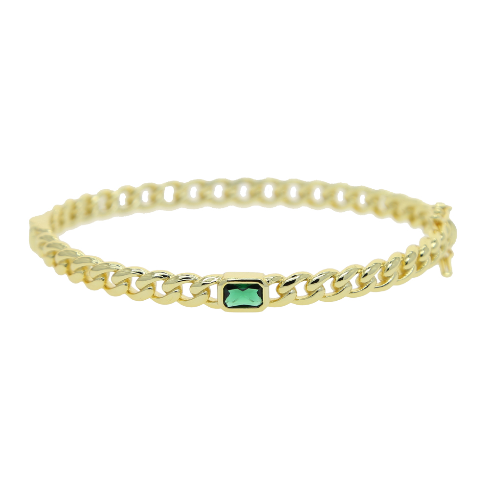 Gold-colored cuban link chain band bangle bracelet with colorful rectangles, czech-style european women's jewelry: Green
