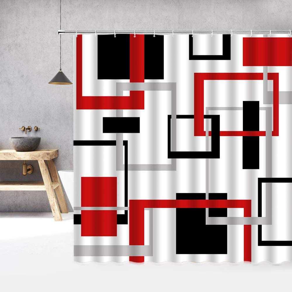 Cortina De Ducha Moderna 150x200cm, Diseño Geométrico Negro/Blanco/Gris, Impermeable, Con Anillas