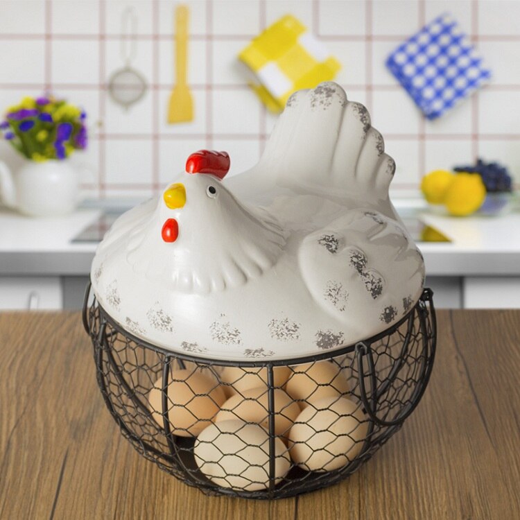 Cesta de cerámica con soporte para huevos, cesta de cerámica para colección de huevos, pollo, alambre y fruta, decoración de cocina, almacenamiento, 19cm x 22cm