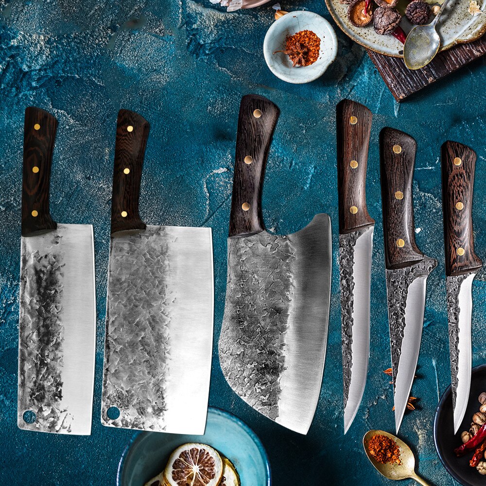 Traditional Forged Kitchen Knife Set Handmade Hammer Stainless Steel Chef's Chopper Cooking Knives Meat Slicer Butcher Knife