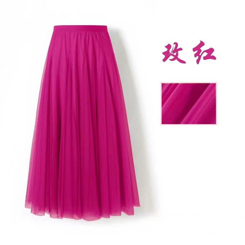 Spring Mesh Purple High Waist Skrit for Women 2022 Slim Fit Pleated Mid-length Skirt Female Faldas: Rose Red