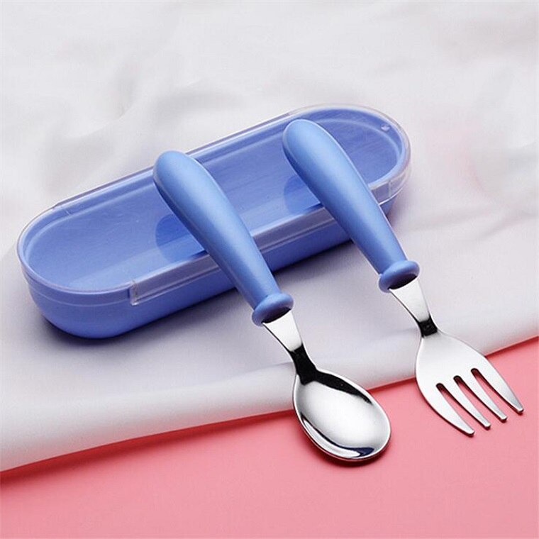 Nordic Baby Tableware Set Children Utensil Stainless Steel Toddler Dinnerware Cutlery Cartoon Infant Food Feeding Spoon Fork: blue