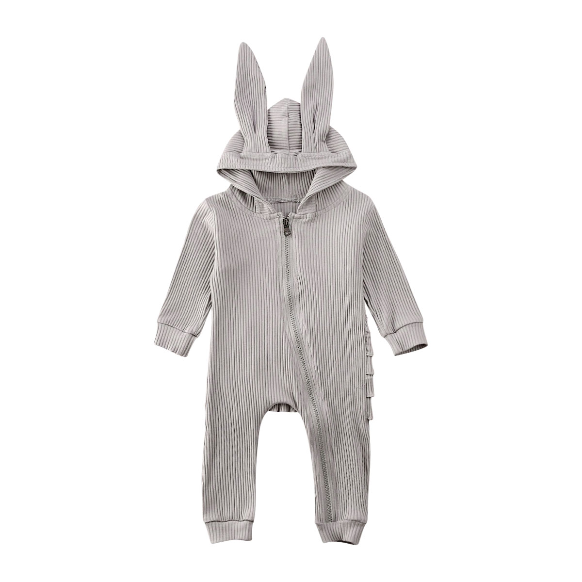 Schattige Kinderen Baby Meisje Jongen Lange Mouw Gebreide Ruches Romper Spirng Effen 3D Oren Capuchon Rits Jumpsuit Overall kleding: Grijs / 24M