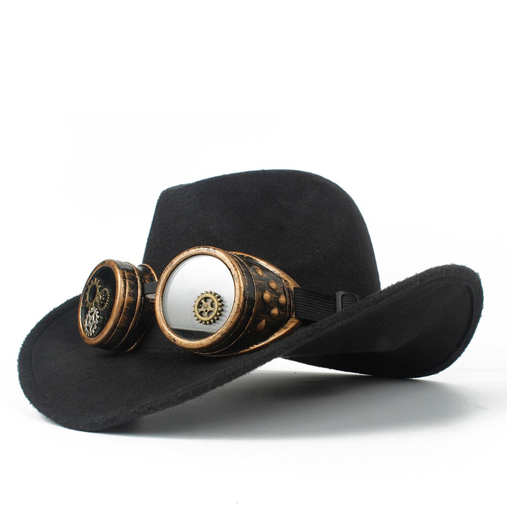Sombrero de vaquero Steampunk para Hombre y mujer, Sombrero de lana con agujeros en el exterior, estilo occidental, Jazz, talla 56-58: Black