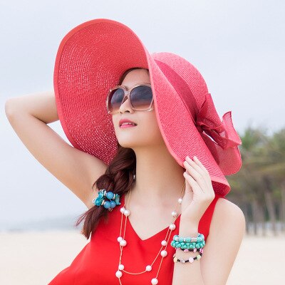 Women Ladies Summer Hats Straw Hats Bow Beach Foldable Sun Hats: Soild Watermelon Red
