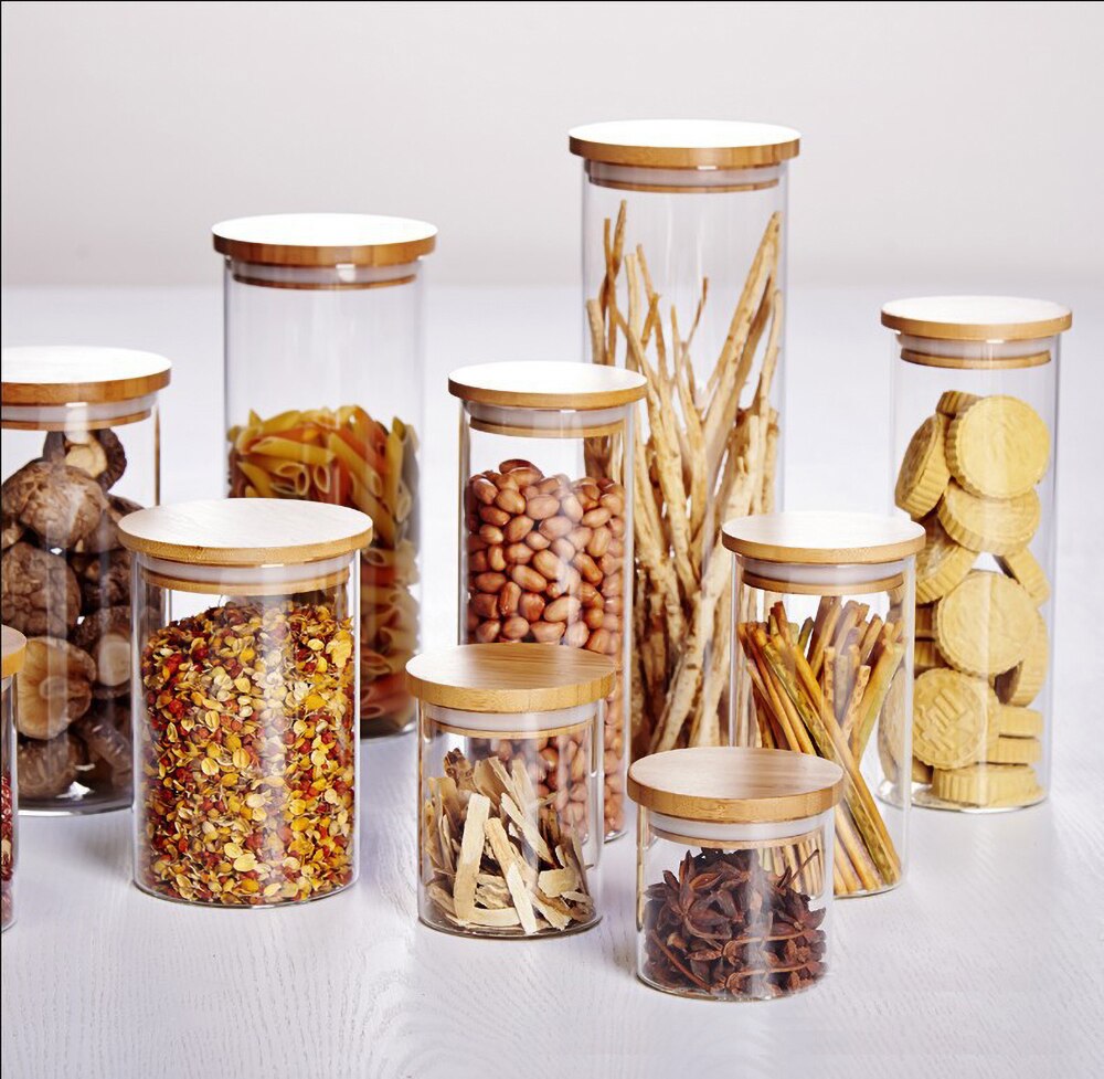 Glass Food Storage Jars, Kitchen Food Container Jar With Bamboo Lids