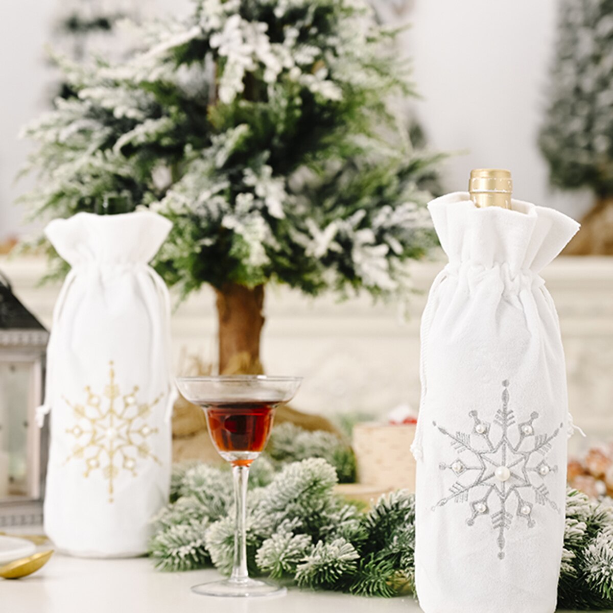 Kerst Wijn Cover Tassen, Delicate Sneeuwvlok Patroon Fles Wijn Zak Voor Winter Xmas Party Decoratie