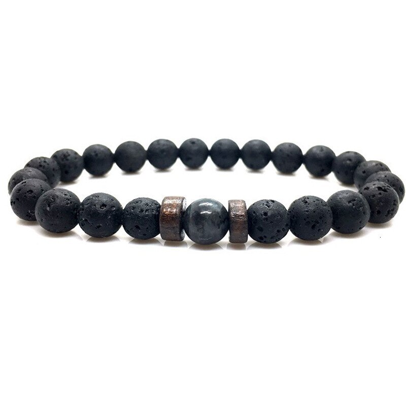 Pulsera de piedra volcánica para hombre, brazalete con cuentas negras, cuerda elástica, , joyería