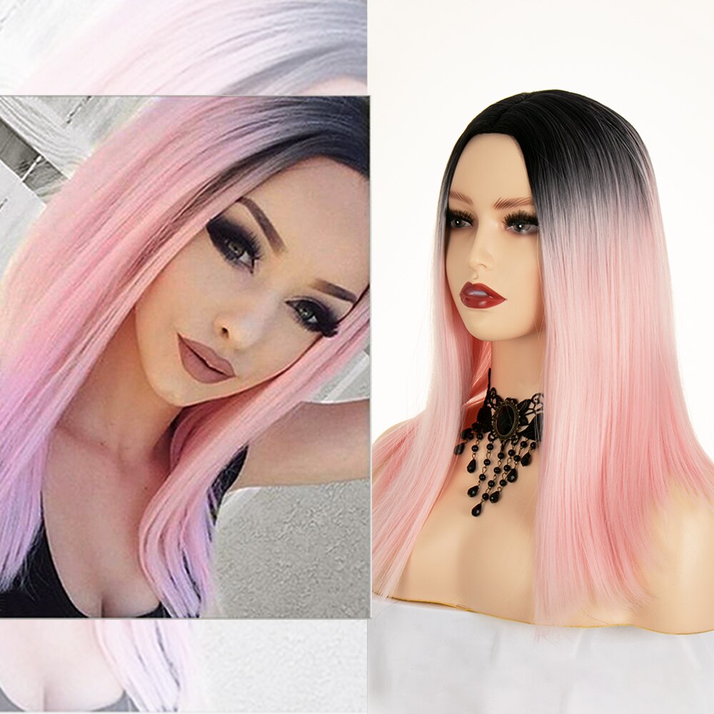 Ombre Straight Blue Wig Middle Part Short Bob Synthetic Hair 14&quot; Shoulder Length With Dark Roots Cosplay Costume Wigs For Women: 1BT Pink