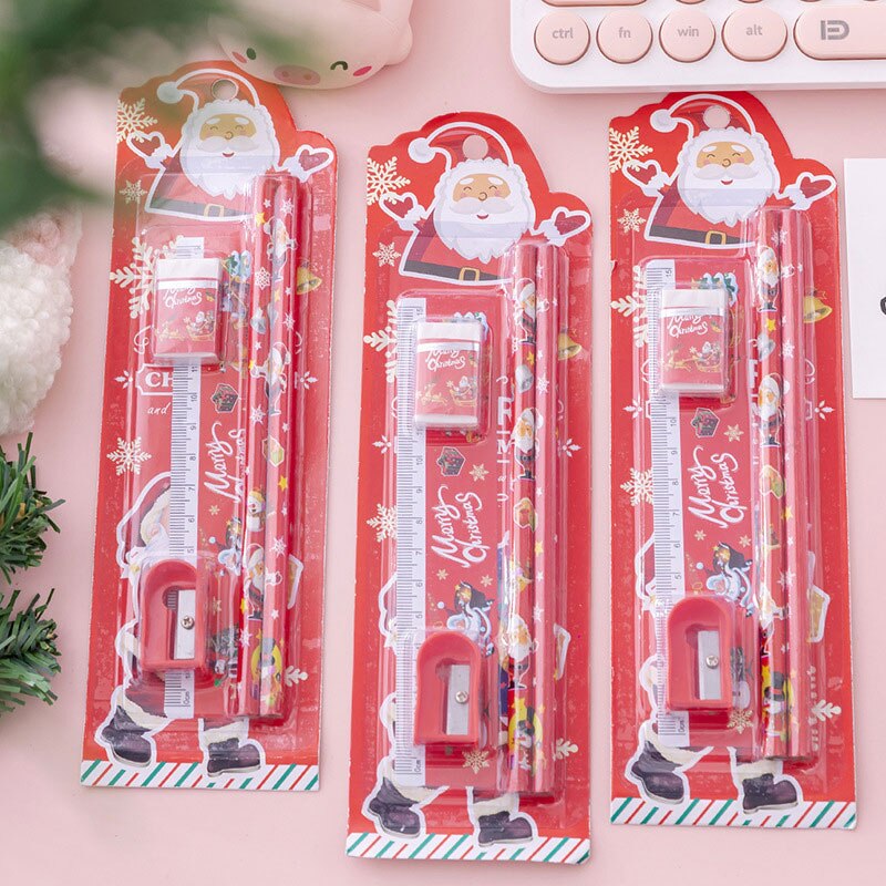5Pcs/Set Christmas Stationery Set Cartoon Pencil Ruler Eraser Pencil Sharpener Kids Kindergarten Pupil Student School SA