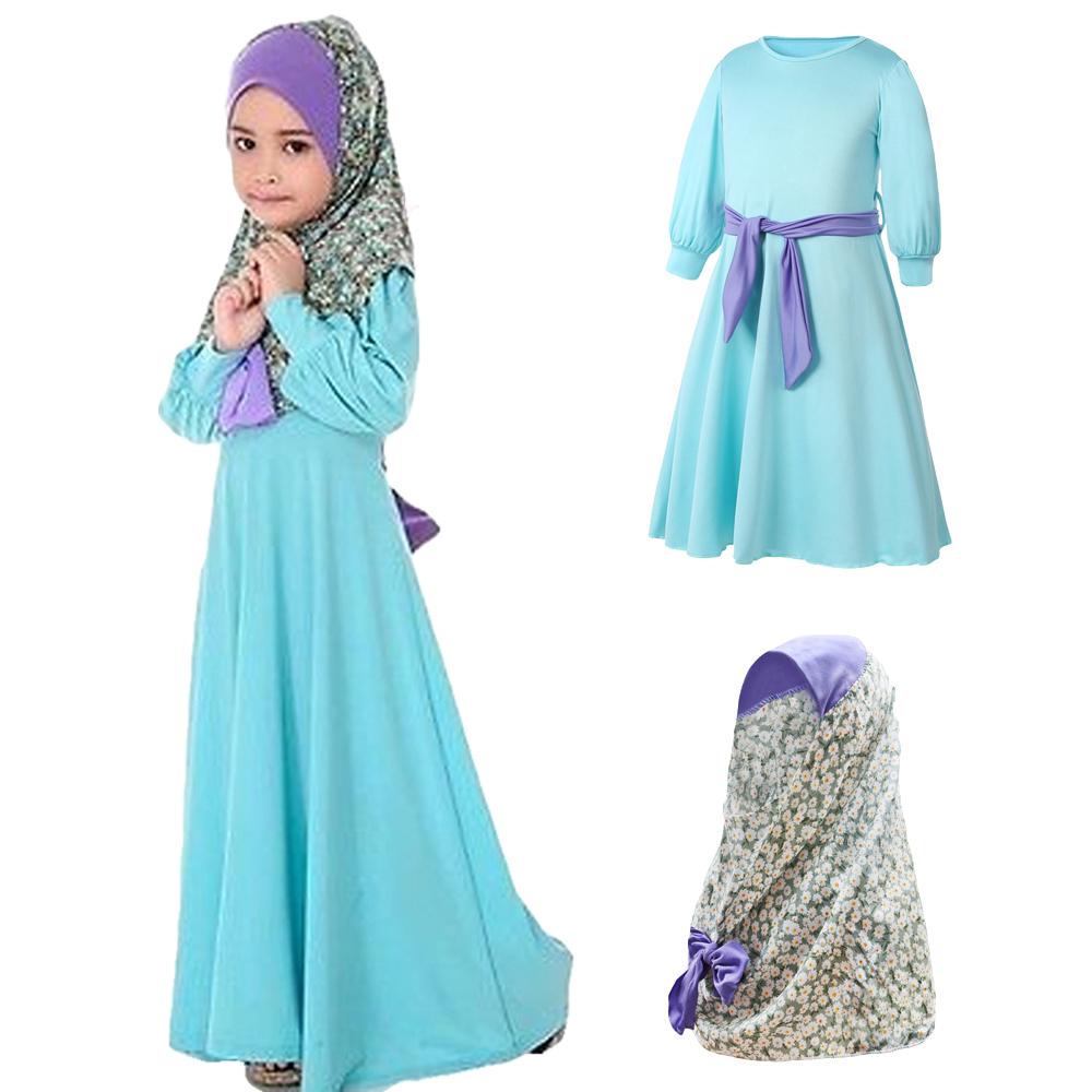 Tweedelige Sets Bloem Meisje Jurk Moslim Kind Abaya Moslim Hijab Jurken Jilbab Niqab Boerka Khimar Amira Islamitische Kaftan Gebed: 120cm(5Y-6Y)