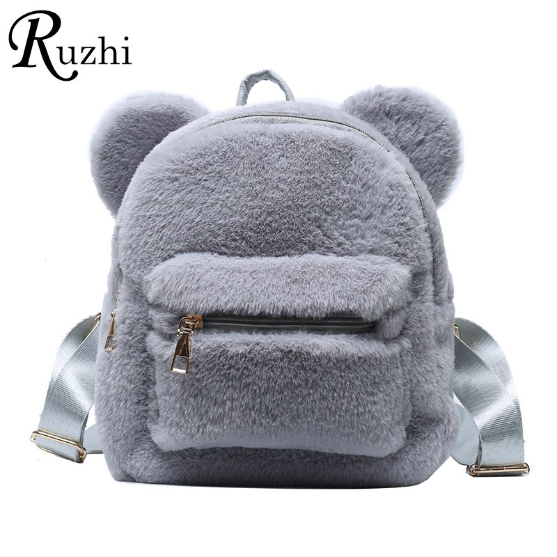 2021 kpop mini mochila para meninas mochila de pelúcia com orelhas de urso pele ombros saco bonito peludo: Grey