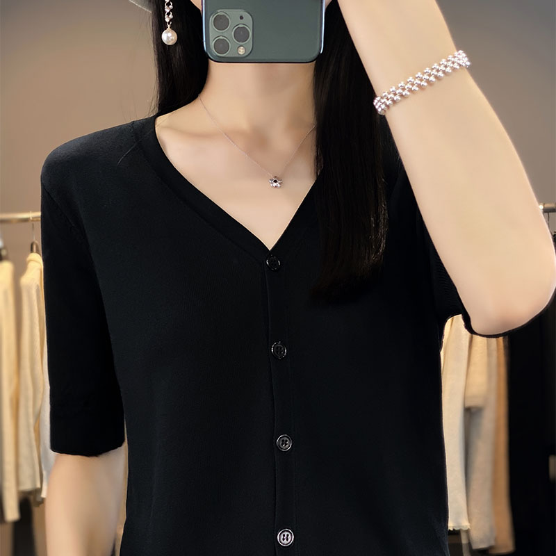 Lente En Zomer Nieuw Ijs Zijde Vest Korte Mouw V-Hals Joker Losse Dunne T-Shirt Trui Bottom Shirt Top