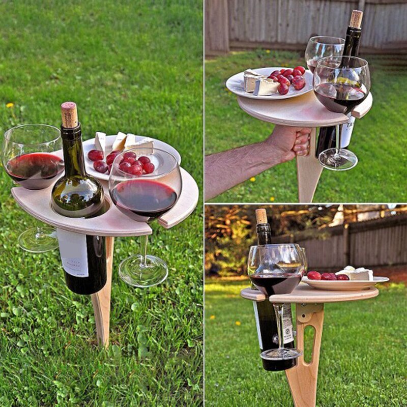 Outdoor Portable Wine Table with Foldable Round Desktop Mini Wooden Picnic Table Easy to Carry SMR88: Default Title