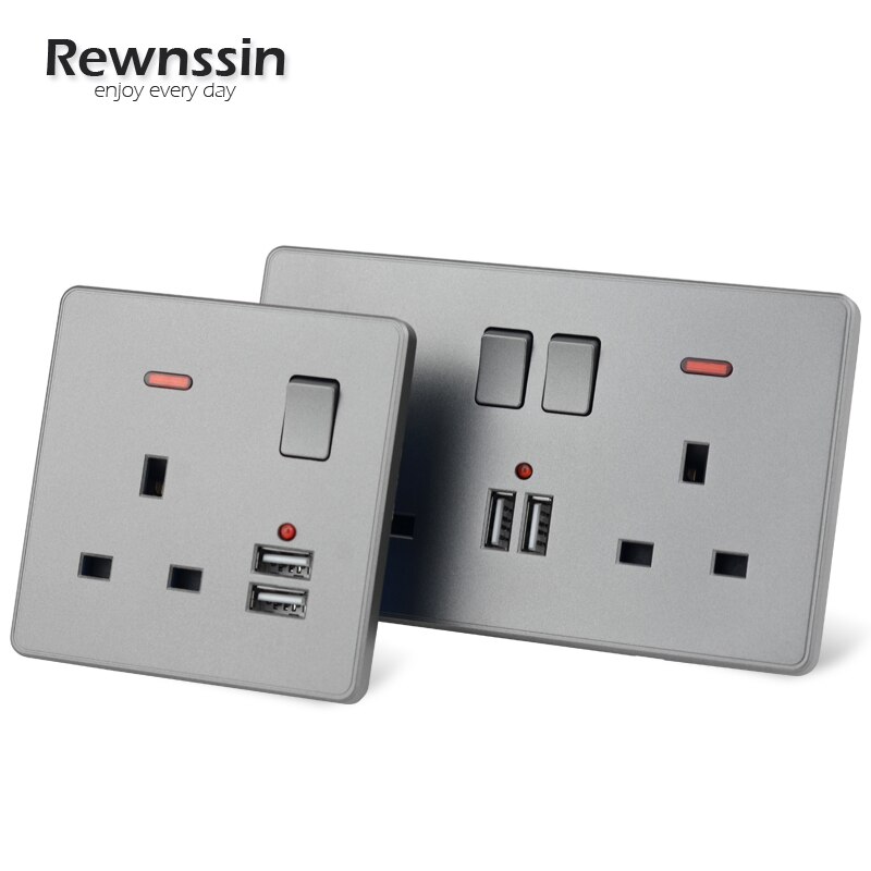 USB Wall Socket 3 Pins UK Standard Outlet 13A 110V-250V Socket 2.1A Dual USB Plug Charger Ports Double Wall Power Gray Plastic