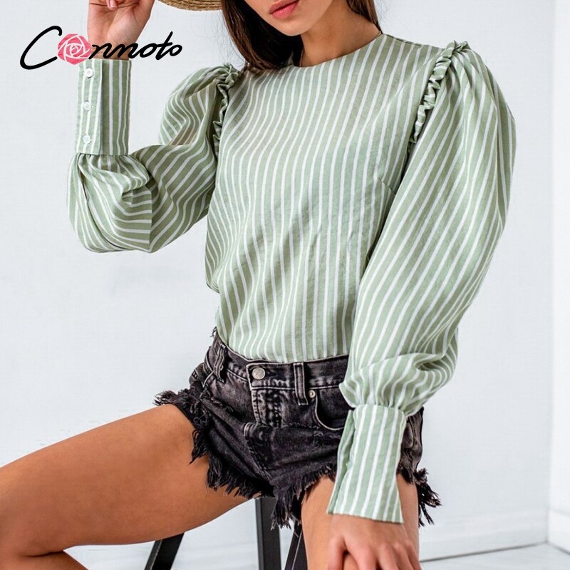 Conmoto lysegrøn efterår vinter kvinder bluse vintage office lady puff langærmet top kausal stripe flæse bluse