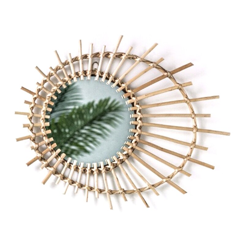 Sun Shape Decorative Mirror Rattan Innovative Art Decoration Round Makeup Mirror Dressing Bathroom Wall Hanging Mirror: 1