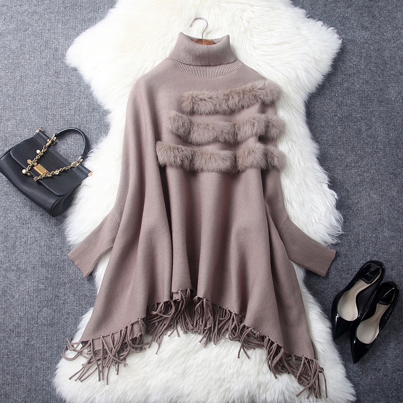 Løs frynset kappe strikkede kvaster kappe poncho sjal batwing ærmer strikket turtleneck jakke pashmina: Brun