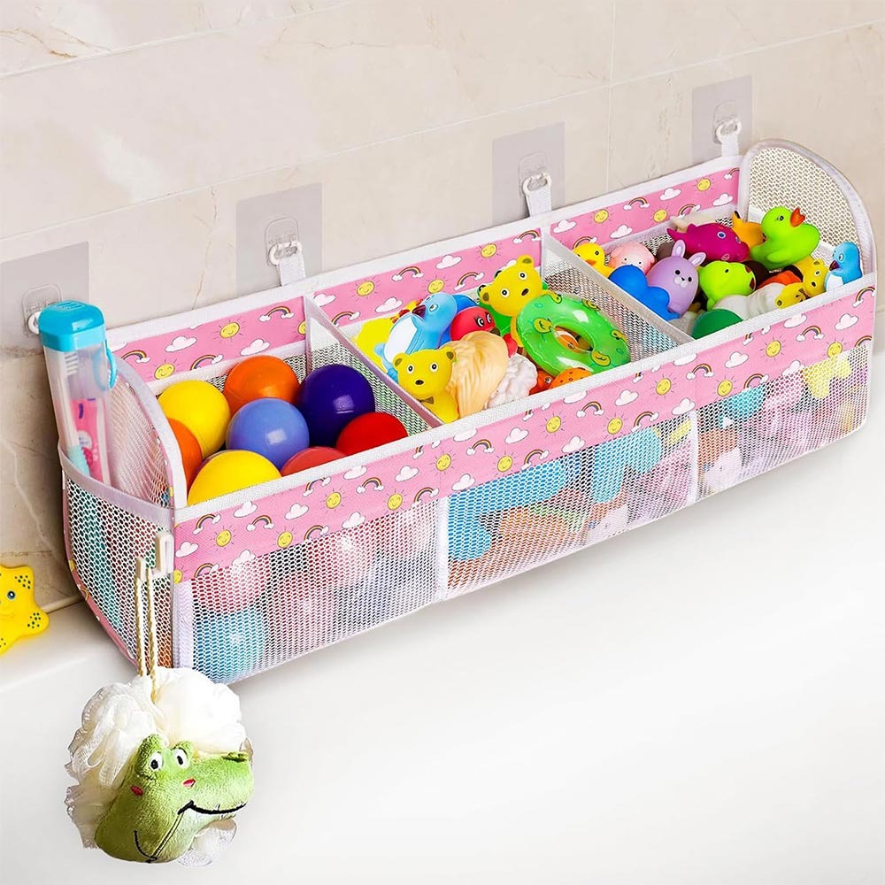 3 Compartment Bath Toy Organizer Large Openings Easy Sorting Toy Hammocks Breathable Horizontal Bath Toy Storage Net: light yellow