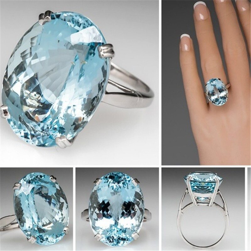 Anéis cc para mulheres, joias da moda, oval, zircônia cúbica, grande, azul, anel, noivado, acessórios para casamento e noivado cc2091