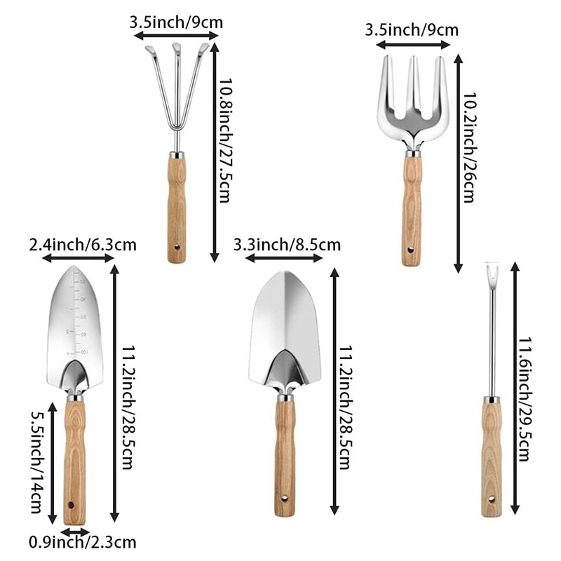 5 Pieces Garden Tool Set, Heavy Duty Gardening Tools With Wood Handle For Transplanting Digging, Garden Hand Tools
