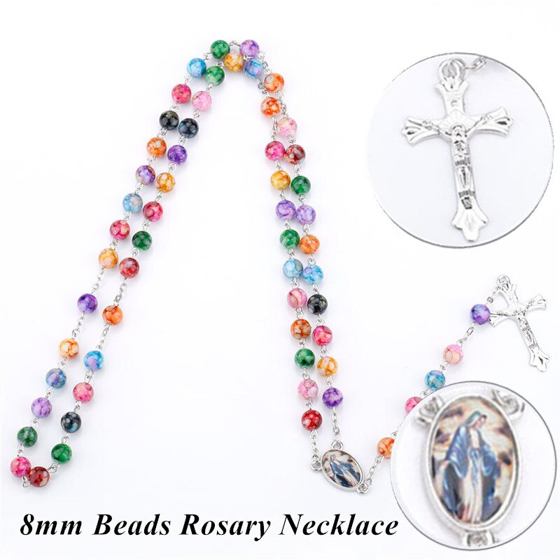 Collana lunga con pendente a croce con rosario cattolico Vintage 8mm perline rotonde colorate regalo di gioielli religiosi della vergine maria
