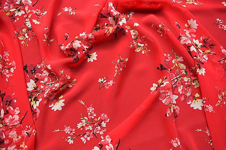 Tela de gasa con estampado rojo floral grande de , tejido de ropa suave y cómodo para vestido de mujer, material diy por metro