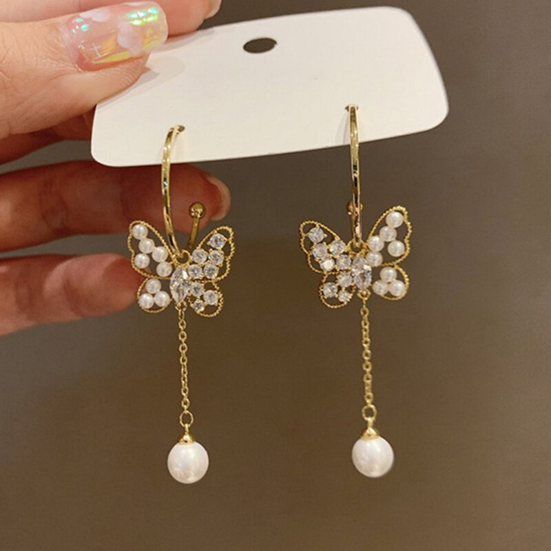 Koreaanse Elegante Leuke Strass Vlinder Stud Oorbellen Voor Vrouwen Meisjes Mode Metalen Ketting Earring Wedding Party Sieraden