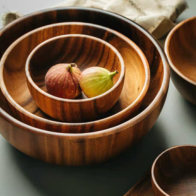 3 størrelse umalet naturlig akacietræskål salat suppe frugtbeholder træbakke køkkenredskaber bordservice