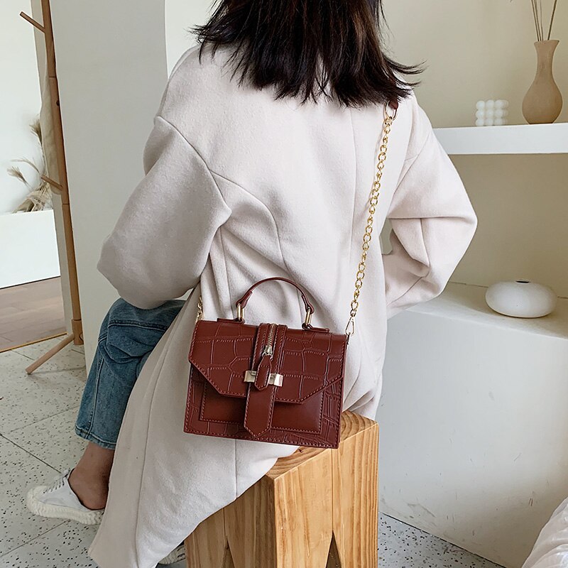 Kamienna skóra ekologiczna z wzorem jednokolorowe torebki Crossbody dla kobiet 2019 mini-łańcuch torba na ramię dama torebki