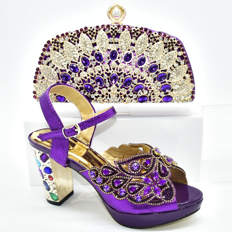 Ladies Italian Shoes and Bag Set Decorated with Rhinestone Women Shoes High Heel Italian Shoes and Bags Matching Set: Purple / 8.5