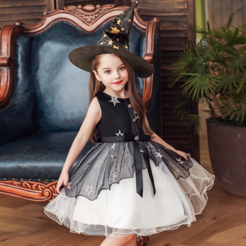 110-160cm Costume Children Dress Skirt Cosplay Girl With Hat Witch Star Skirt Witch Costume For Halloween Princess Dress Kids