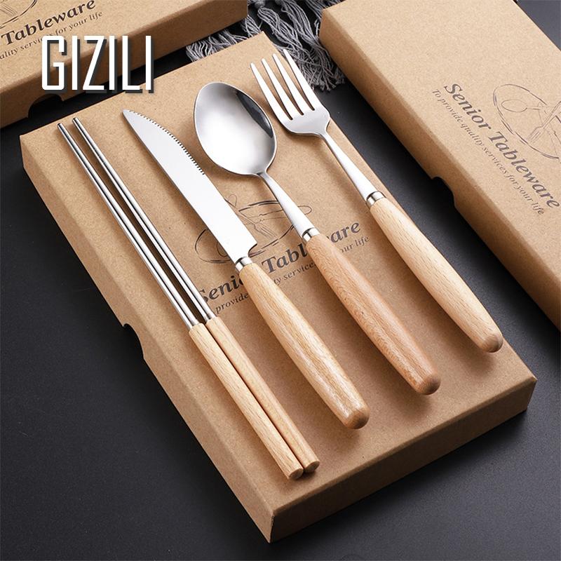 Tableware Stainless Steel Fork Spoon Chopsticks Cutlery Wood Handle Flatware Kitchen Utensils Dinnerware Set 2/3/4Pcs/set