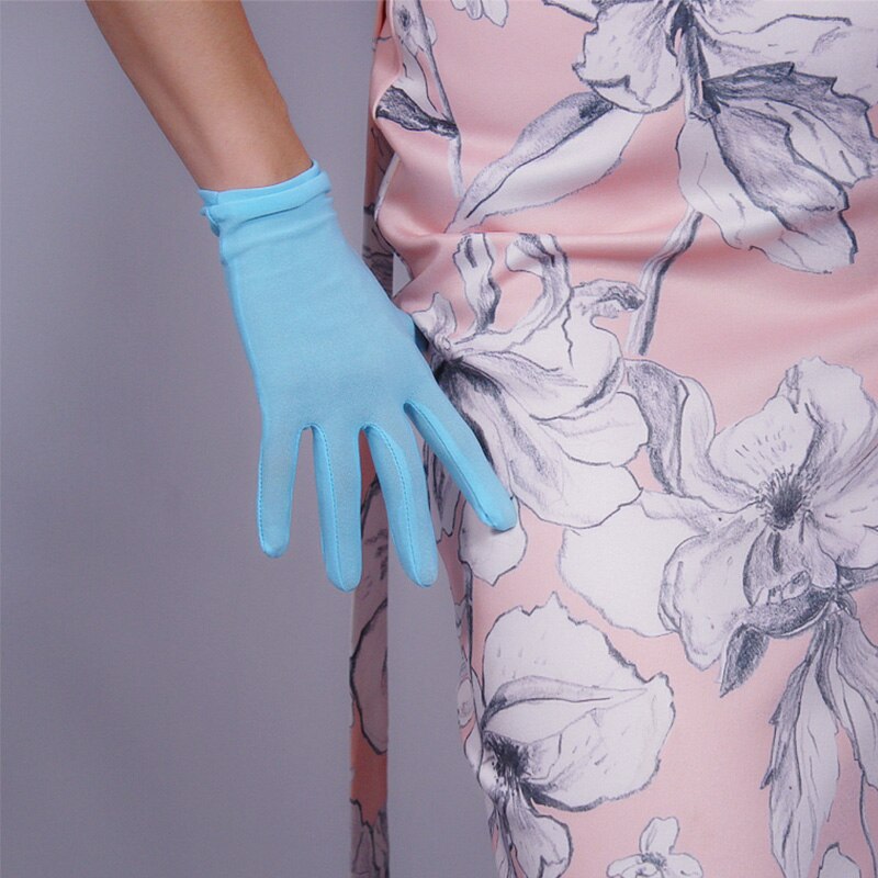 Lady Short Green/Pink/Lt.Blue Spandex Gloves Women Guantes Wrist Length Yellow Bridal Gloves Party Wedding Accessoires Mariage