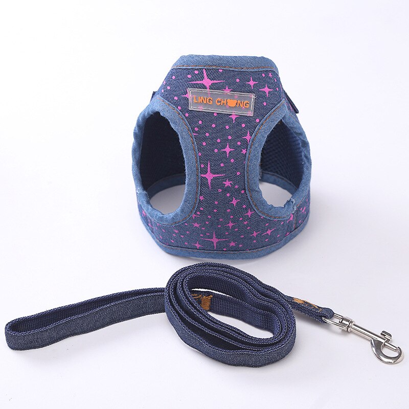 Justerbar hundesele snor sæt åndbar hvalpeseler stropper bælte udendørs træning gåture sikkerhedsvest kæledyr produkter: Denim lilla stjerne / Buste omkring 34cm
