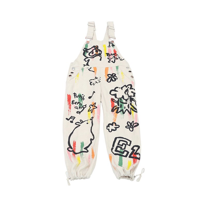 Mode print denim jumpsuit forår efterår løse overalls piger graffiti bukser børn casual jumpsuit 4-14y ws1427: 8