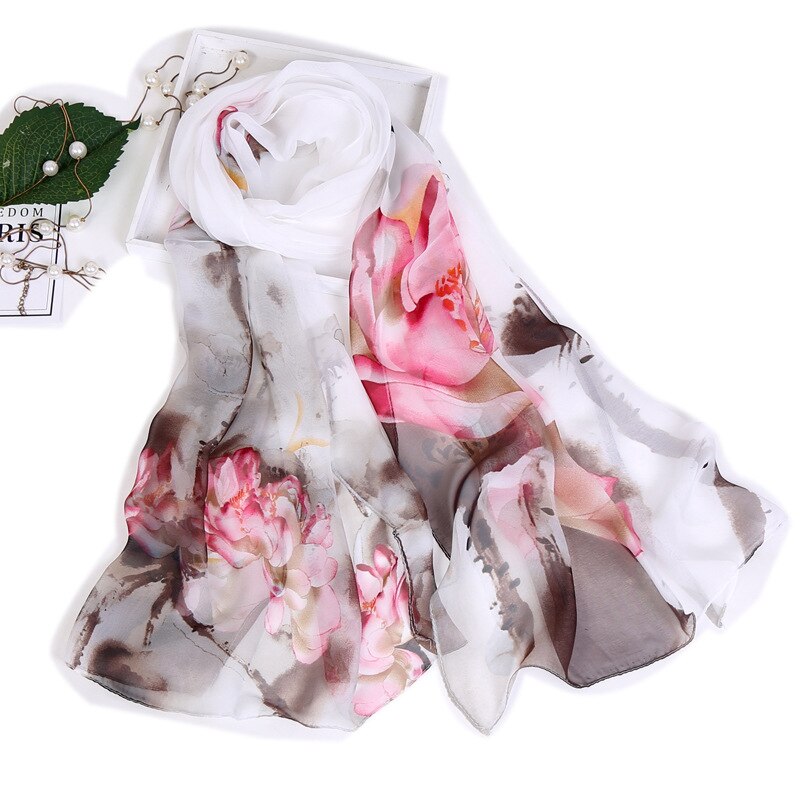 Dames foulard chiffon georgette bandana sjaal inkt lotusbloem print lange sjaal zomer wikkel dame dun ademend: Wit