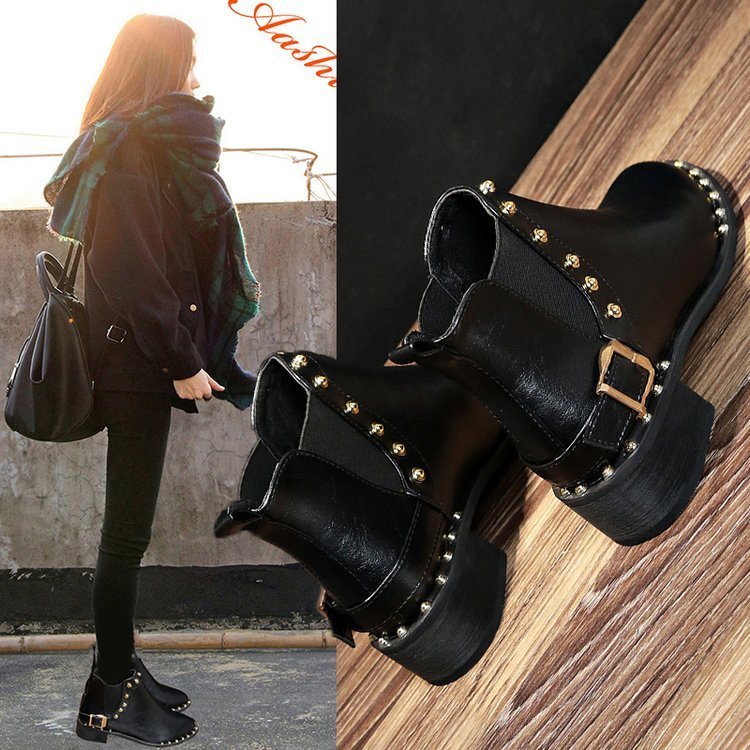 Round Toe Women's Boots Autumn Womens Shoes Boots-women Low Heels booties Rivets Booties Ladies Chelsea