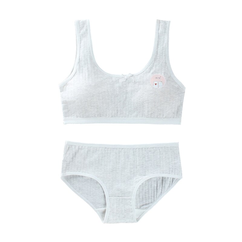 Set di biancheria intima sportiva per ragazze 2 pezzi per adolescenti a costine con stampa a orso carino dolce Bowknot imbottito reggiseno da allenamento senza fili e abbinamento ciao