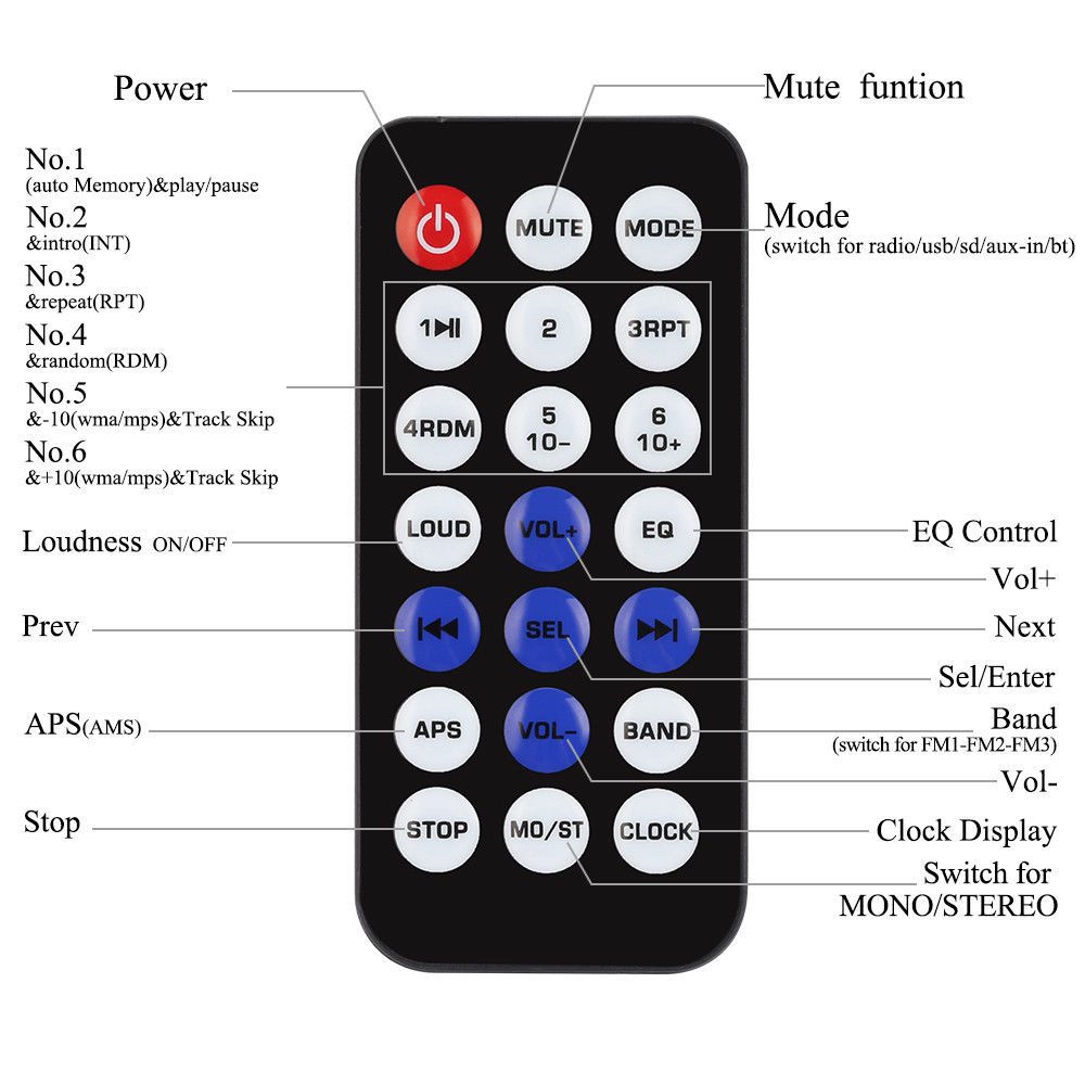 Autoradio  mp3 din stereo-multimedia-player mit bluetooth, fm, aux, fernbedienung, freisprecheinrichtung 1 usb und sd-kartenleser.