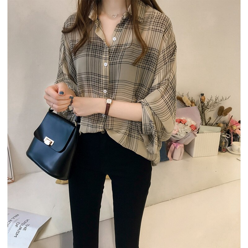 Printemps/été femmes chic lâche grosse sœur chemise à carreaux