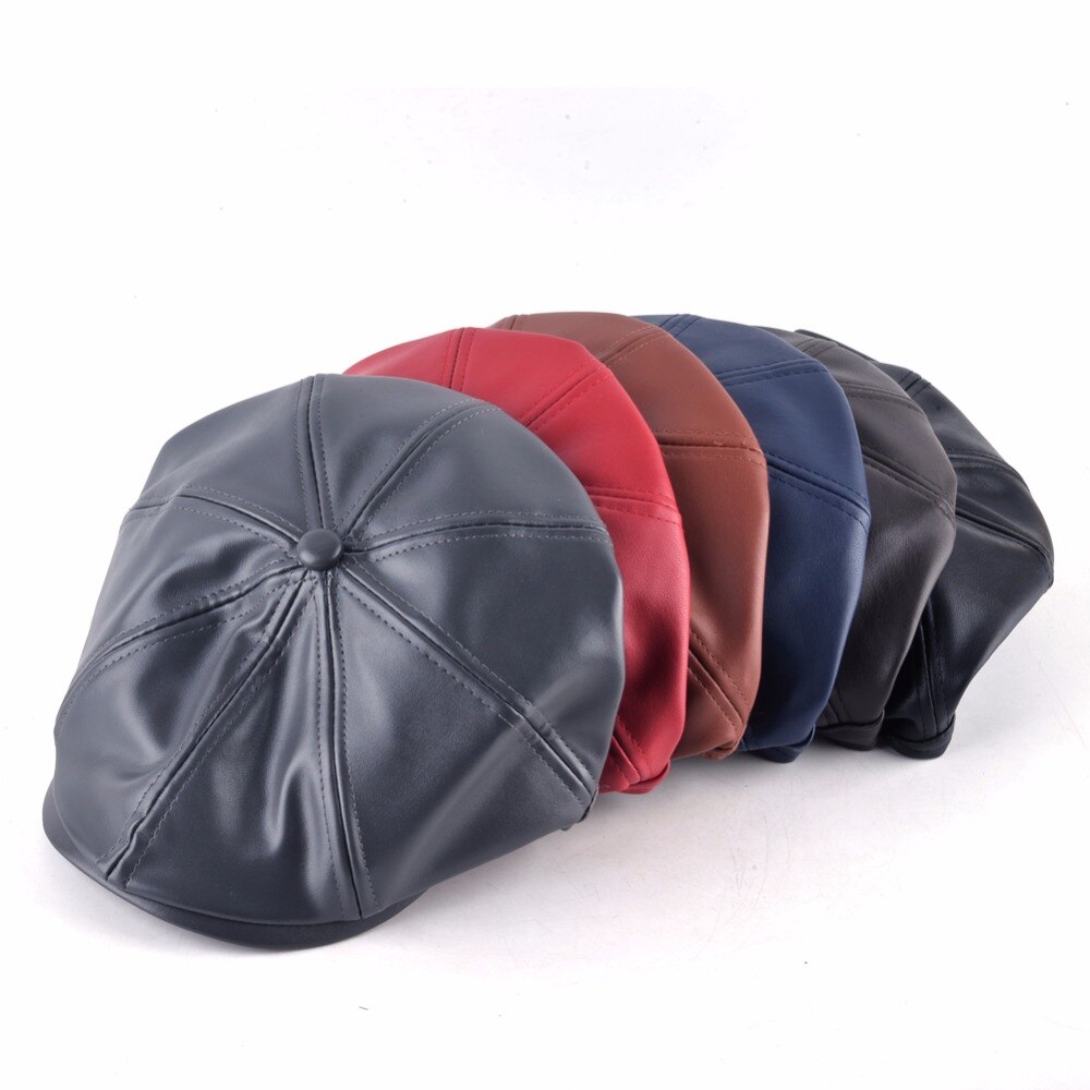 Boinas de cuero sintético para hombre y mujer, gorros octogonales de piel sintética con visera, informales, planos, Unisex, para invierno y otoño