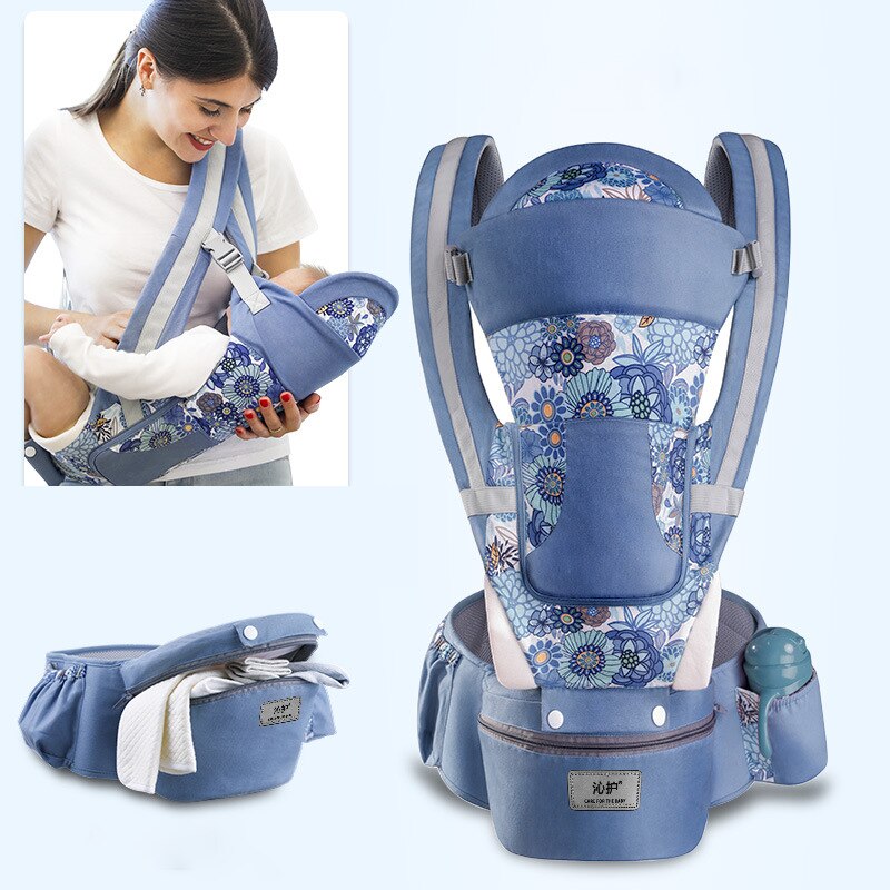 0-48 Month Ergonomic Baby Carrier Infant Baby Hipseat Carrier 3 In 1 Front Facing Ergonomic Kangaroo Baby Wrap Sling: Cowboy blue flower