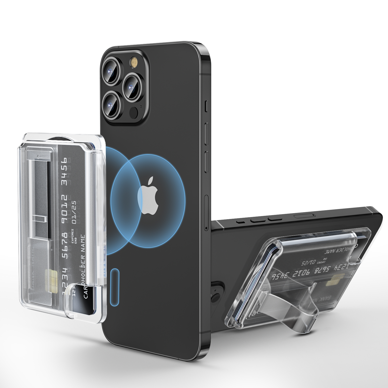 Cartera magnética para Magsafe para iPhone 15 14 13 con tarjetero de agarre, soporte para teléfono 99% con soporte para teléfono, accesorios para bolsa: Transparente