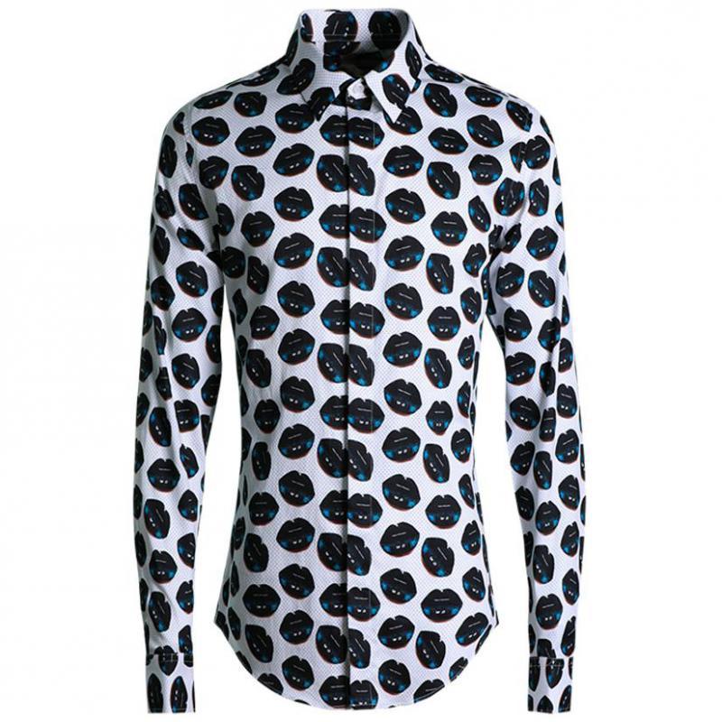 Lange Männer Luxus Hülse Polka Punkt Und Lippen Gedruckt Kleid Trend Beiläufige Mens-hemden schlank passen Sozial Hemd: L