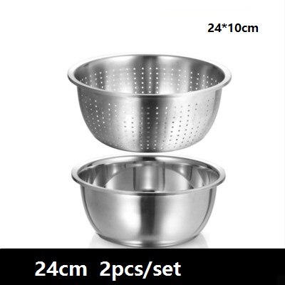 washing basin 2pcs/set Fruit / Vegetable Tools basket strainer basin mixing bowl thick stainless steel kitchen tool utensil: 24CM