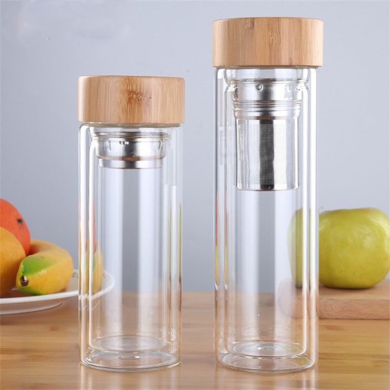 Zooobe 350/450ml dobbeltvandsglasflasker med rustfrit stålfilter og bambuslåg te-infusionsglasglasflaske