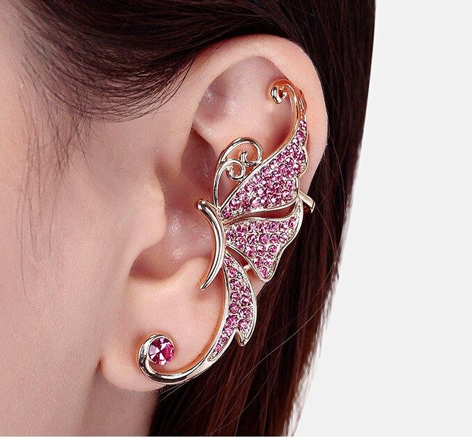 Silver Plated Angel Wing Stylist Crystal Earrings Dangle Ear Stud For Women Long Cuff Earring Bohemia Jewelrys: pink